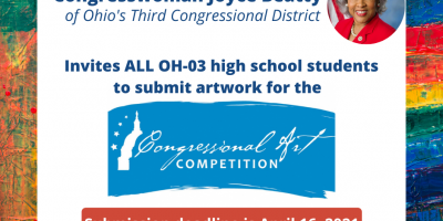 Abstract artwork background with text overlay, "Congressional Art Competition: Deadline for submissions April 16, 2021.