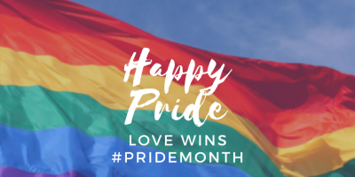 Image of pride flag with text overlay that reads, "Pride Month, Love Wins #PrideMonth