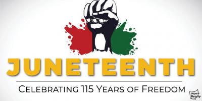 Image of power fist with text below reading, "Juneteenth."