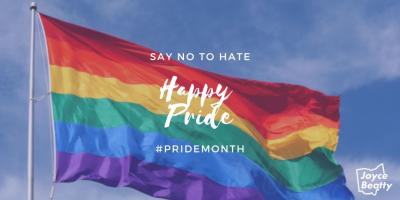 Pride flag with text overlay that reads, "Say No to Hate, Happy Pride, #PrideMonth