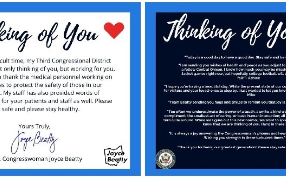 Two cards stating thanks to healthcare workers and seniors.