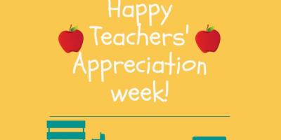 Teacher appreciation week graphic with white writing and a picture of two apples. 