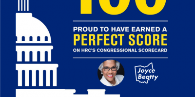 Infographic reads, "100 percent on Human Rights Scorecard for 116th Congress. Congresswoman Joyce Beatty."