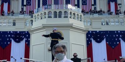 Image of Congresswoman Beatty in front of the inaugural platform. 