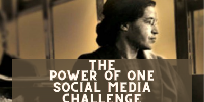 Image of Rosa Parks on bus with text overlay, "The Power of One: Social Media Challenge."